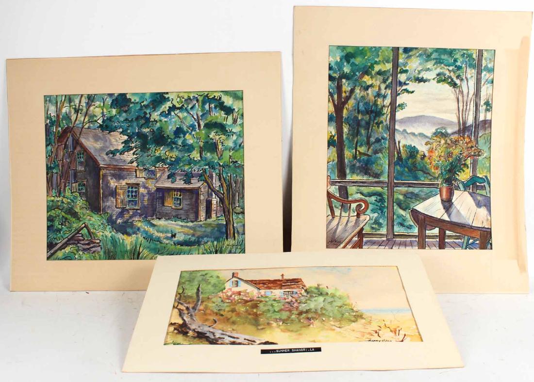 Three Watercolors on Paper: Comprising a Summer landscape titled "Summer Shangri-La," by Harry Hall, 20thC, and two landscapes, one depicting a porch scene, the second a house in the woods by John Ward, 20thC. 8"h x 17"w, 14 1/2