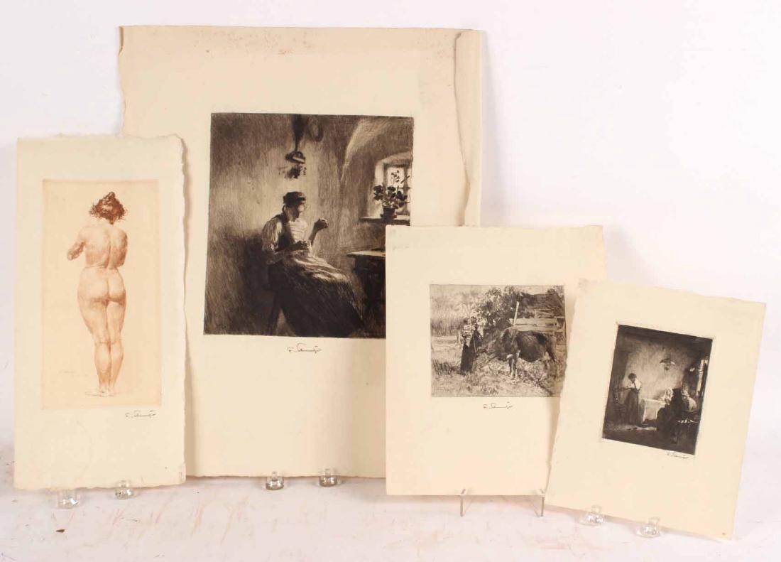 Four Engravings By Ferdinand Schmutzer: All pencil signed F. Schmutzet (Austrian 1833-1915), comprising, nude woman, cow, interior scene, woman sewing. 10"h x 6"w, 5-3/4"h x 5"w , 6"h x 4-1/2 "w, 12"h x 9-1/2"w