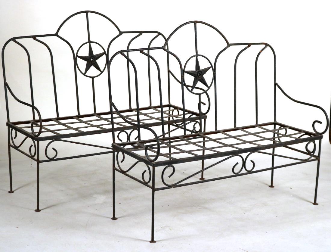 Two Wrought-Iron Camelback Garden Settees: English Taste, 20th C. 43"h x 4'w x 19"d