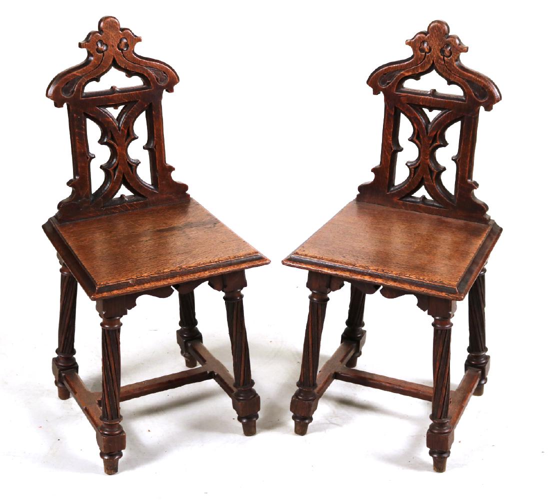 Pair of Victorian Carved Oak Hall Chairs (1 of 6)