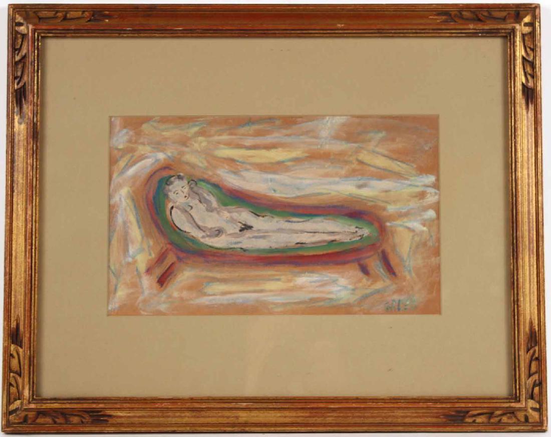 Mixed Media, Reclining Nude in Green Chair: Signed l.r. 7 1/2"h x 12"w