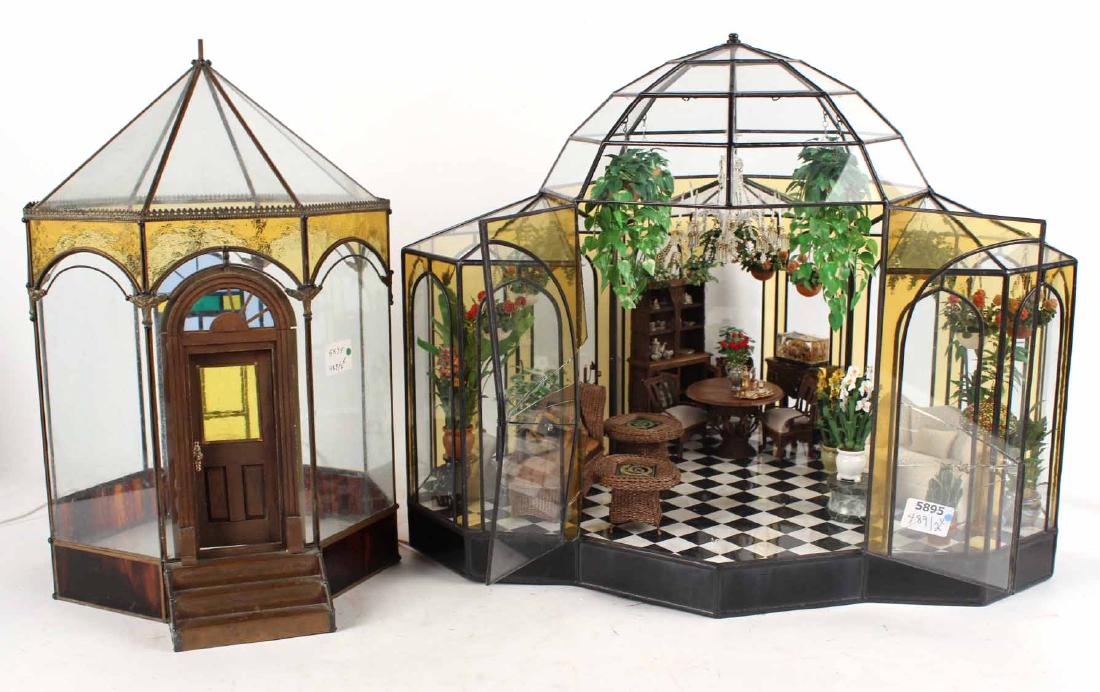 Diorama in Glass Atrium with Furnishings: Electrified. Together with an octagonal glass diorama room. Atrium 18 1/2"h x 23"w