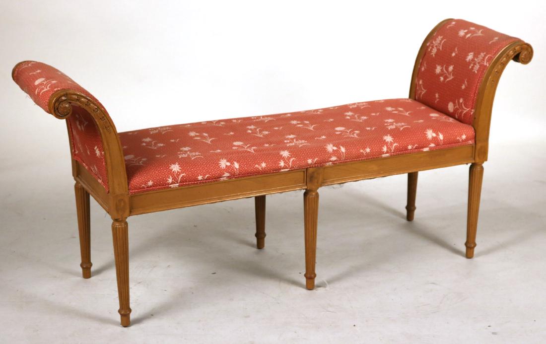 Louis XVI Style Beechwood Window Seat: 20th C., with pink floral upholstery. 28"h x 5'w x 16"d