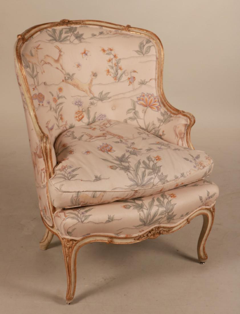 Louis XV Style Paint-Decorated Bergere: Early 20th C., with animal-and-floral upholstery. 38"h x 29"w