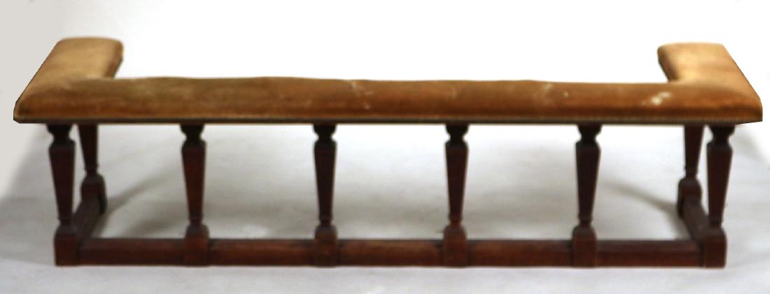 Carved Oak Fire Fender, of Impressive Size: English, 19th C., with yellow velvet-upholstery. 21"h x 7'w x 26"d