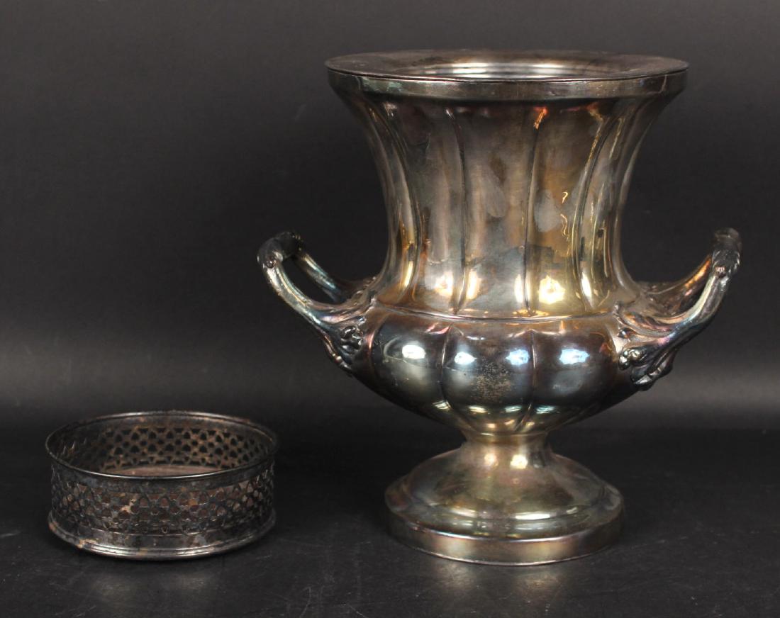 Silver Plated Wine Cooler: Together with a silver plated and wood base wine coaster. Wine cooler, 10-1/2"h