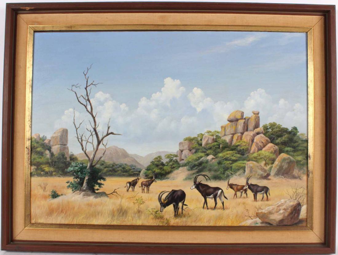 Oil on Board, African Landscape, D Morrison Henry: Signed l.l. David Morrison Reid Henry (British 1919-1977) 17"h x 24"w Provenance: Property Sold for the Benefit of Greenwood Gardens, Short Hills, NJ. Label verso from the Tryon Gall, Ltd.