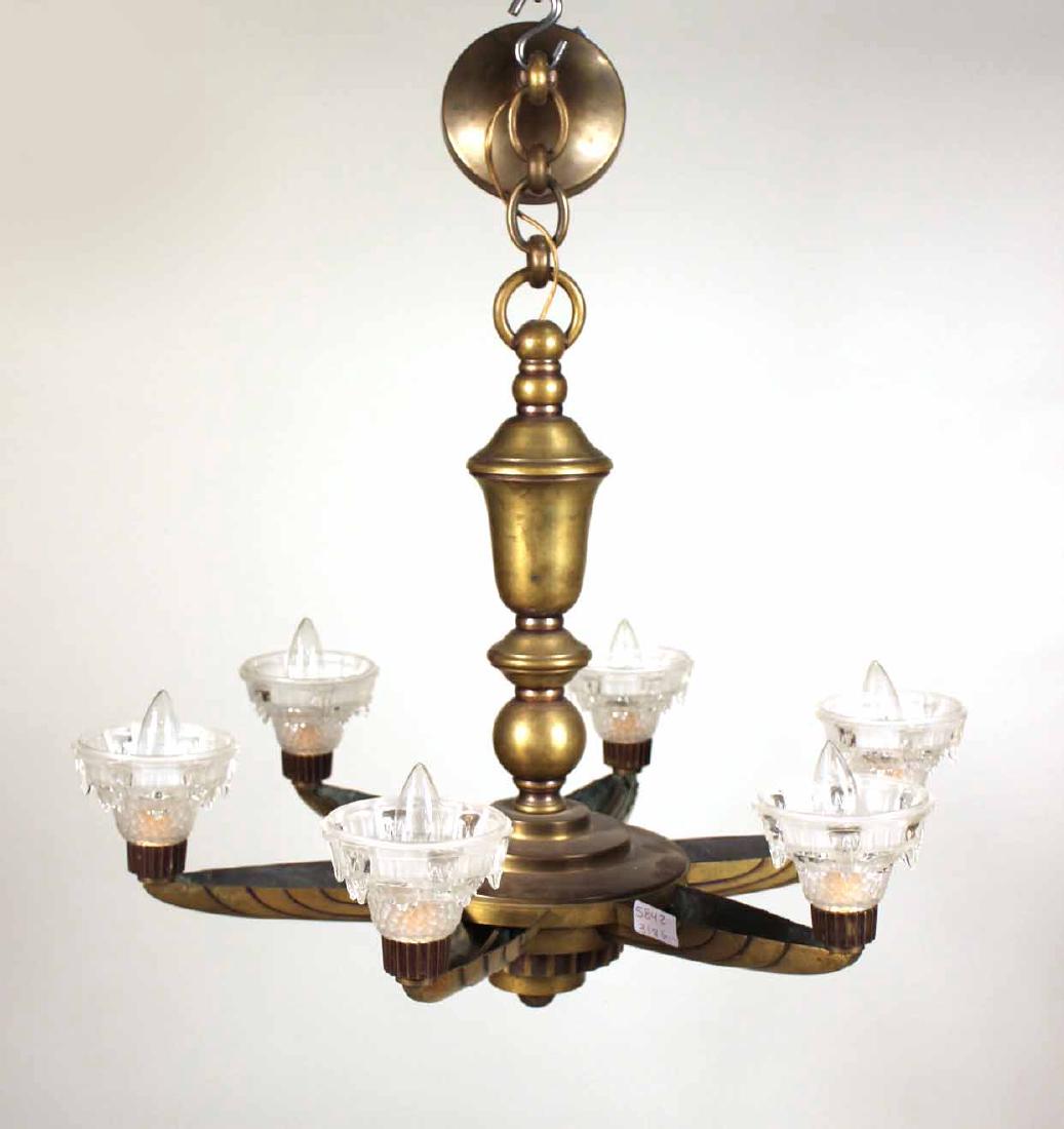 Art Deco Style Brass & Glass Six-Light Chandelier (1 of 5)