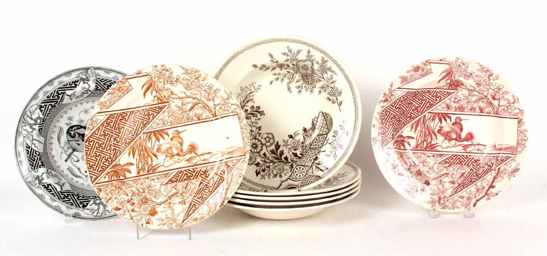 Six Brown Transfer Decorated Bowls: Together with a Minton porcelain "Bamboo" bowl and a Doulton Nippon's transfer decorated bowl and plate 10 1/2"d