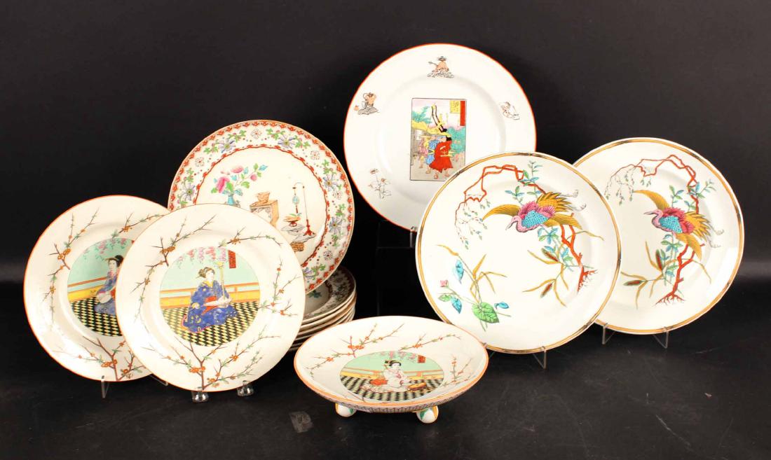 Group of Aesthetic Movement Porcelain Plates: Including Wedgwood, Copeland and Royal Worcester. 13 pieces. 10 1/2"d
