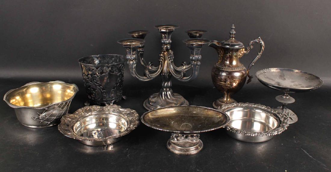 Group of Silver Plated Table Items: Including a coffee pot, wine coasters and a five branch candelabra. Candelabra, 9"h