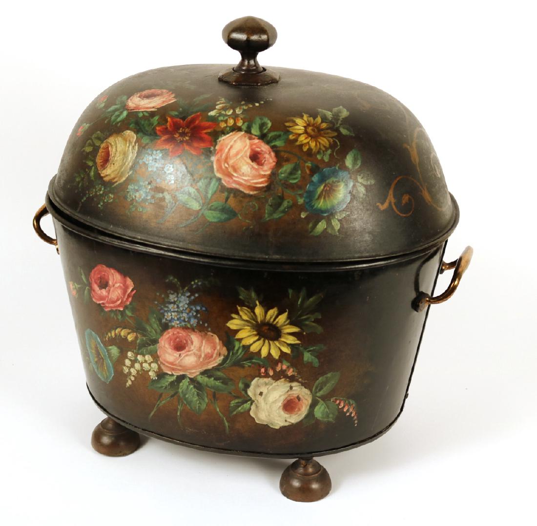 Tole Floral Painted Covered Bin: 19"h x 20"l