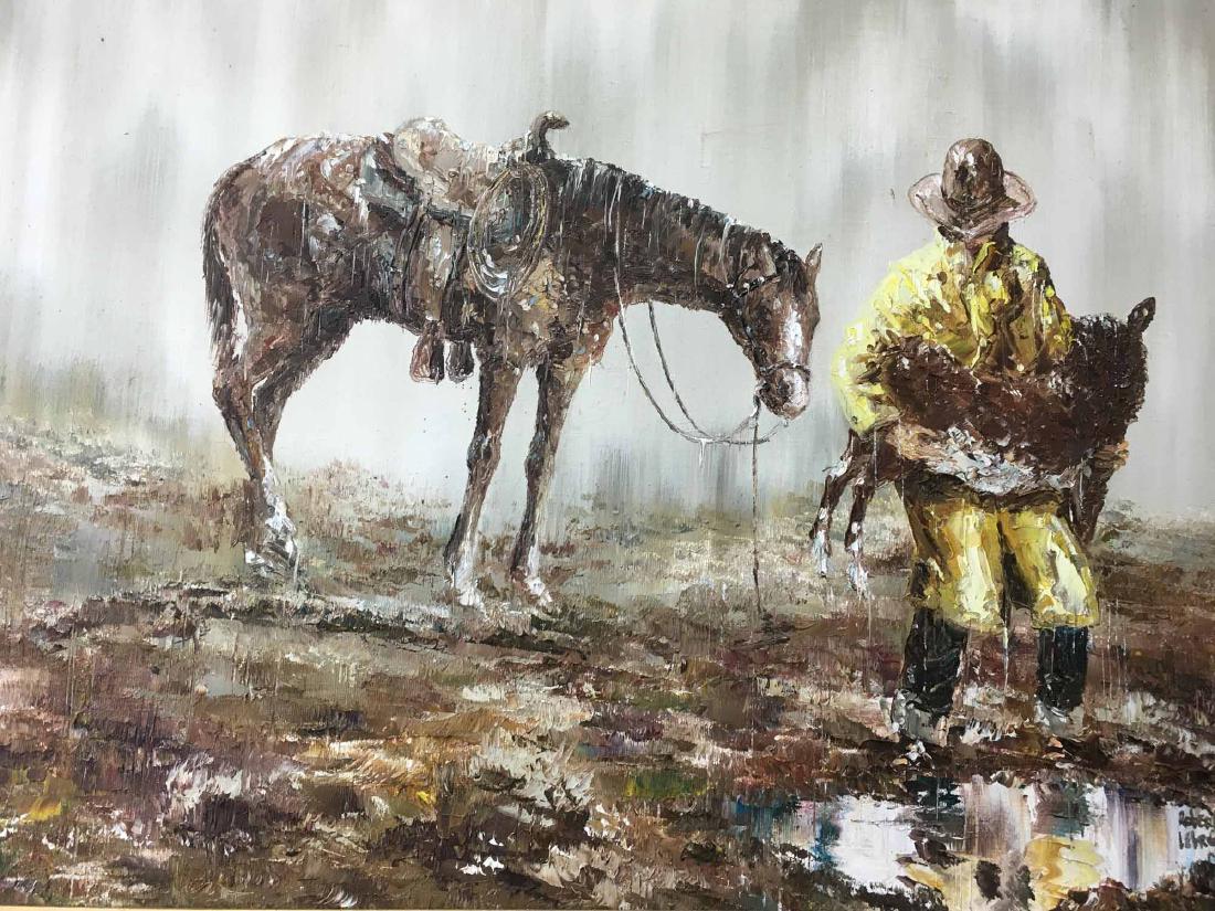 OIL ON CANVAS OF COWBOY: Oil on canvas depicting a cowboy signed Robert Lebron.