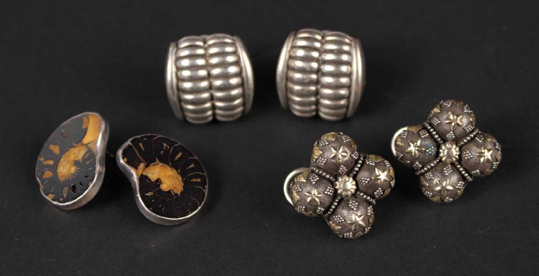 Pair of Kieslestein-Cord Sterling Silver EarClips: Ribbed design. Together with a pair of sterling silver and 18K yellow gold stamped pen Indonesia, and a pair of bean form sterling silver 14k yellow gold druzy and ammonite earrings. 3/4"l, 3/4"squ., 