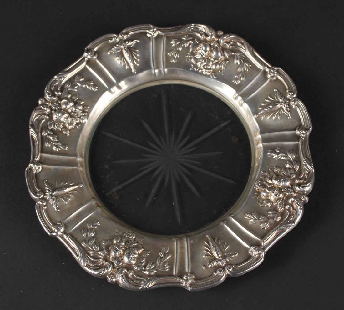 Reed & Barton Sterling Silver Wine Coaster: Scalloped rim "Francis I" pattern sterling silver mounted glass wine coaster. 7"d