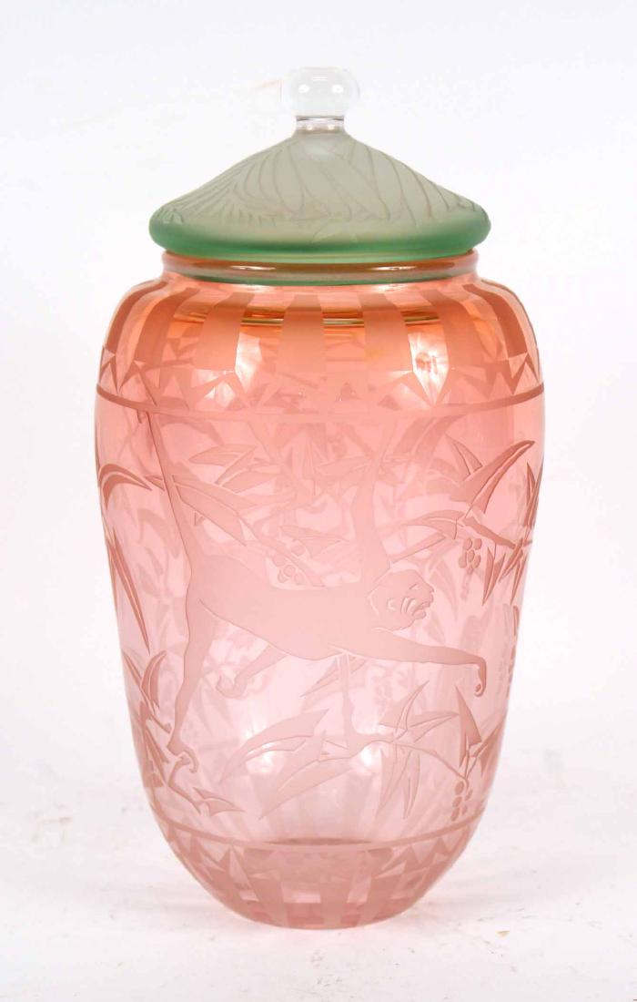 Etched Art Glass Covered Jar, Gary Genetti: Signed on side Gennetti, 1995. 12"h