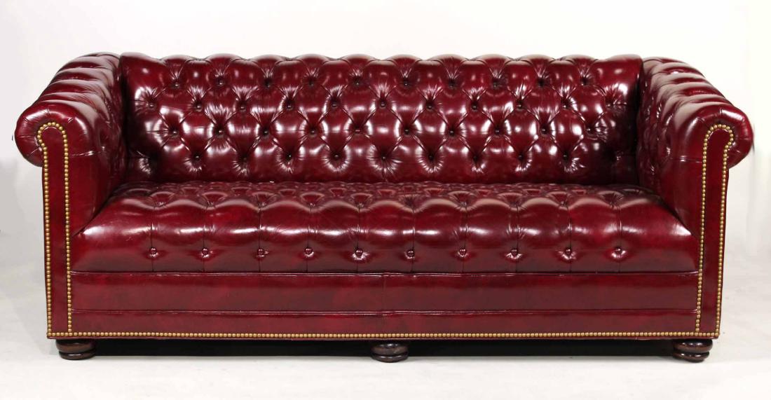 Burgundy Upholstered Chesterfield Sofa (1 of 9)