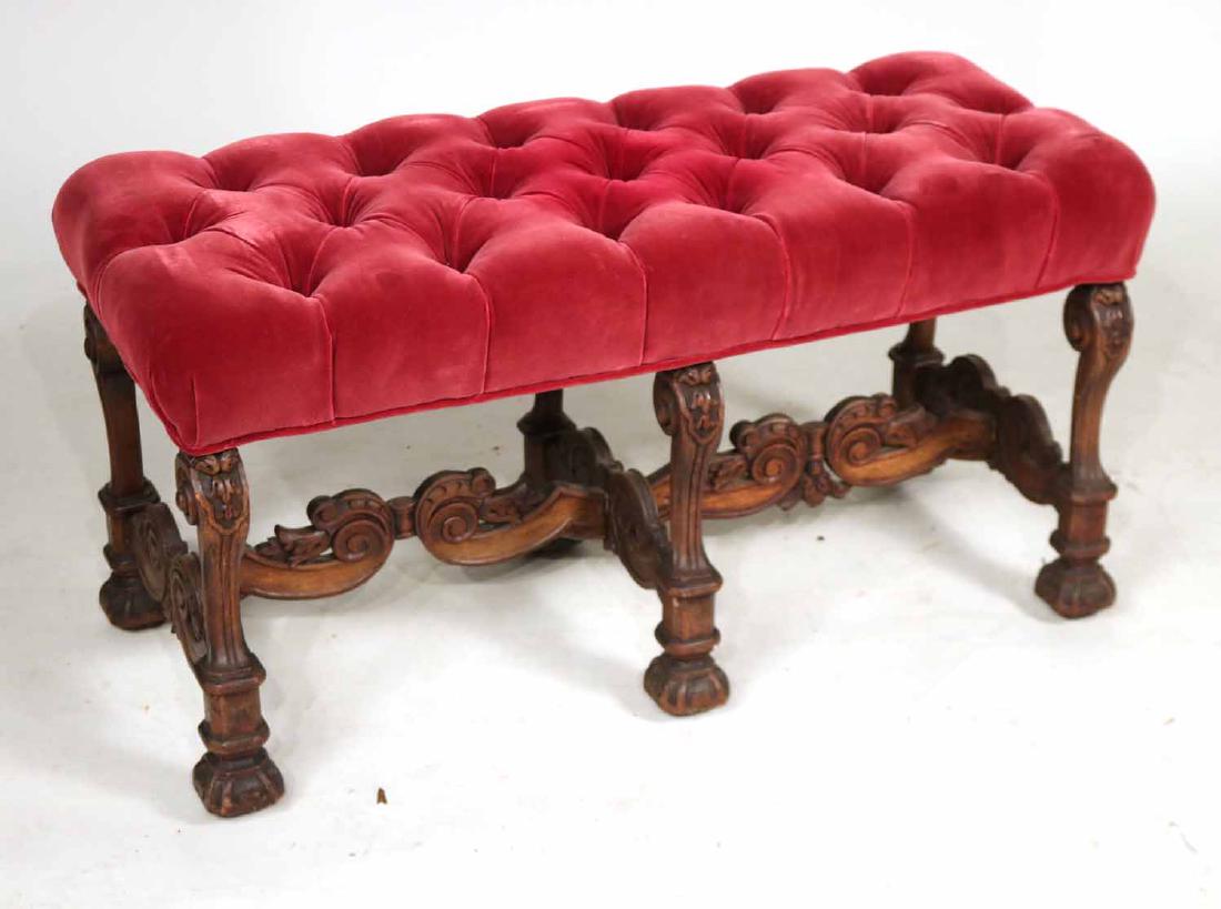 Victorian Carved Walnut Window Seat: Late 19th C., with red-velvet upholstery. 20"h x 38"w x 17"d