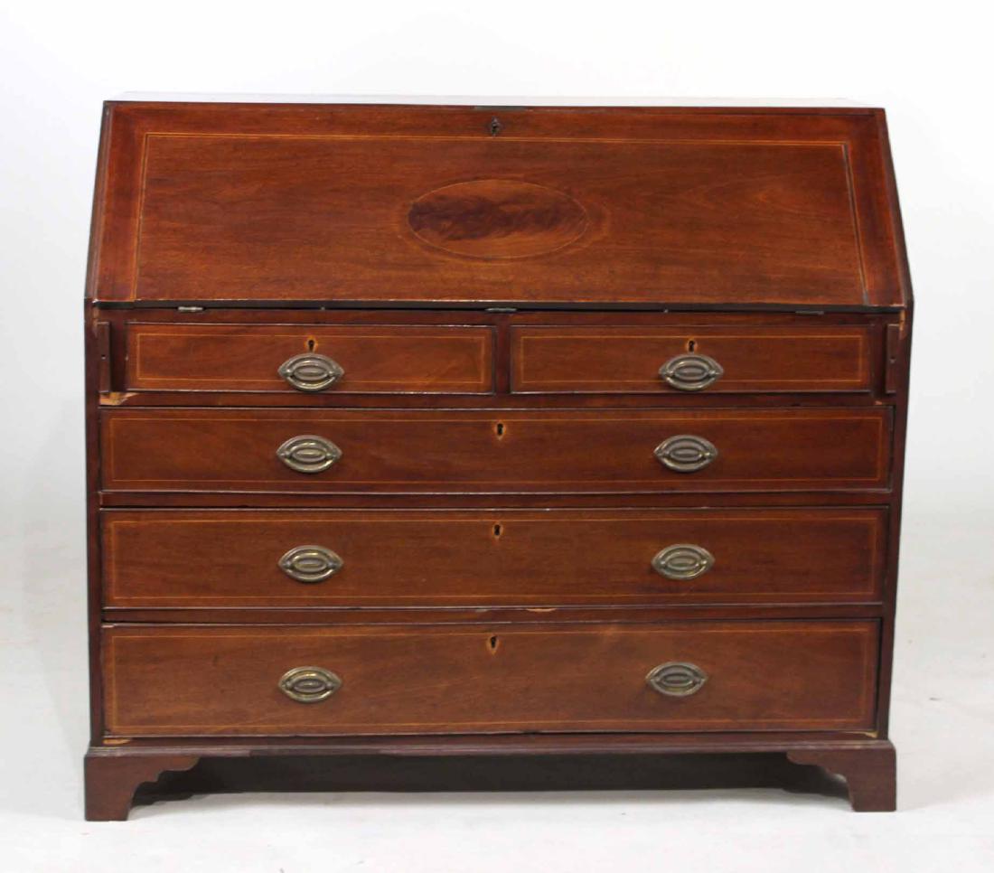 George III Inlaid Mahogany Slant Front Desk: English, late 18th C. 41"h x 47"w x 22"d