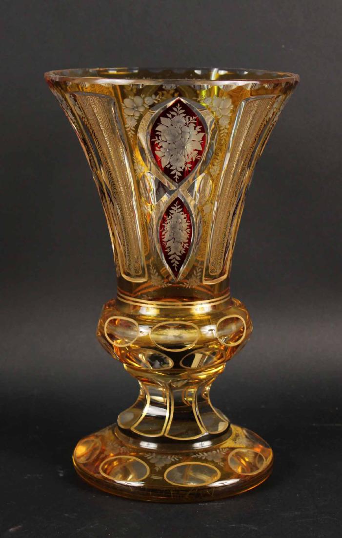 Bohemian Yellow Cut To Clear Vase: 10"h