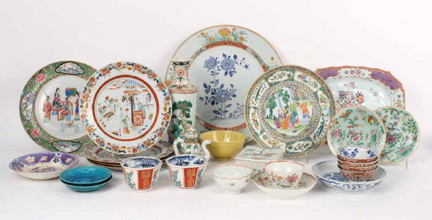 Chinese Export Bowls, Plates, and Platters,: Comprising: a circular platter, rectangular rose platter, yellow bowl, two turquoise dishes, four bowls, vase, a teapot, a box, two teacups and four dishes. 12"dia.