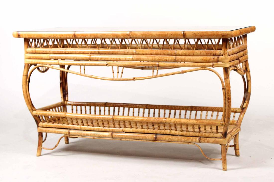 Glass Top Rattan Pier Table: 20th C. 28"h x 48-1/2"w x 20"d