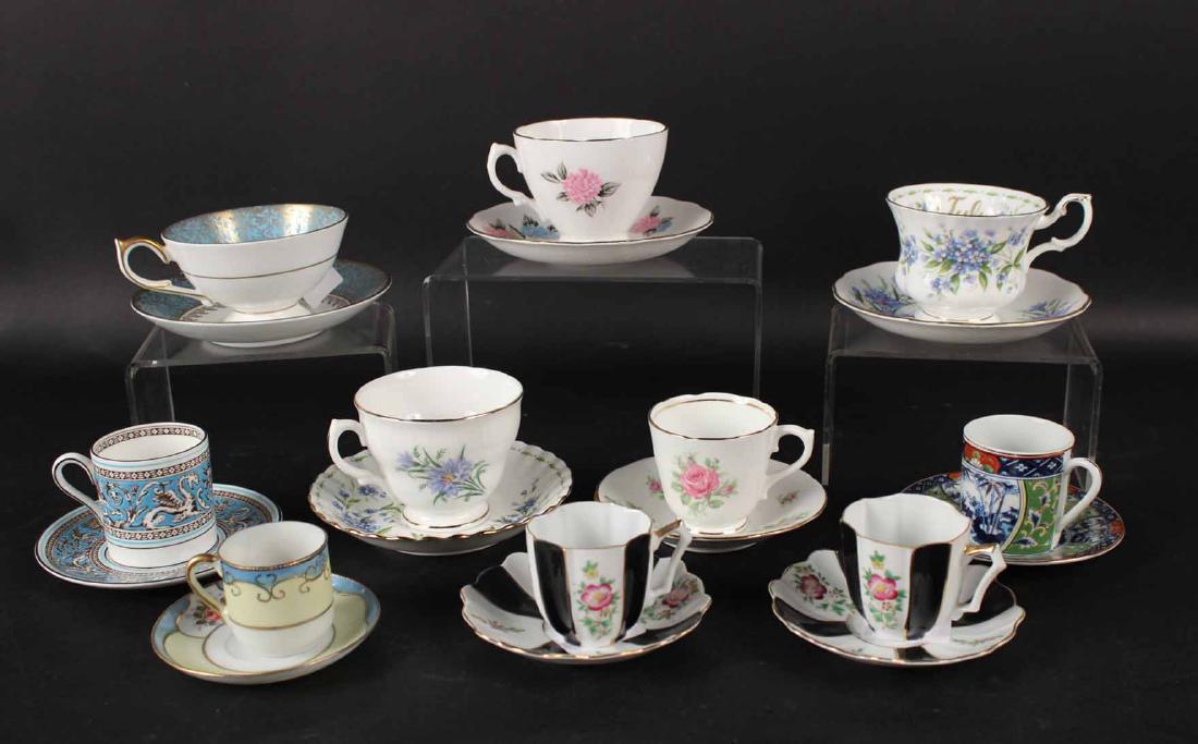 10 ASSORTED CUPS AND SAUCERS: Including Wedgwood "Florentine," Royal Vale, Aynsley, Royal Albert, Vanderwood and Japan.