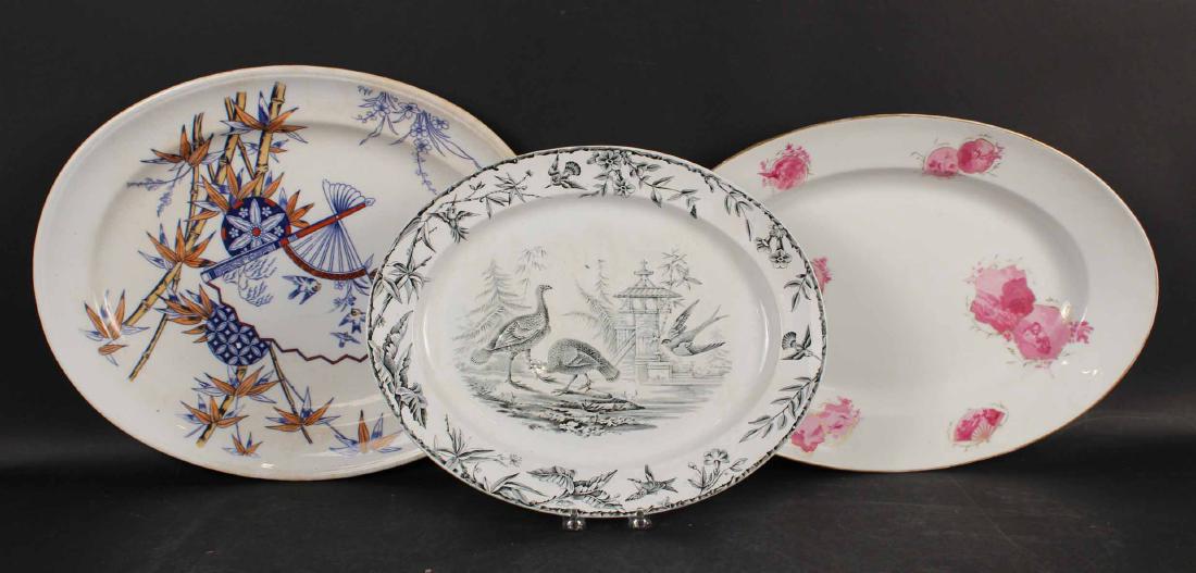 MINTON BAMBOO PATTERN OVAL PLATTER: Together with Ridway "Indus" oval platter and a pink Japanesque motif platter. 20"l