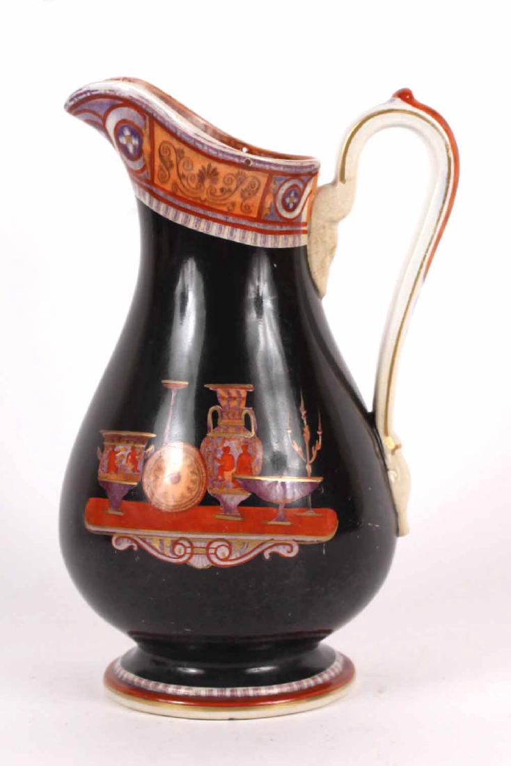 MAYES AND ELLIOT PORCELAIN ETRUSCAN MOTIF JUG: Black with polychrome classical scene, C1870. 10"h
