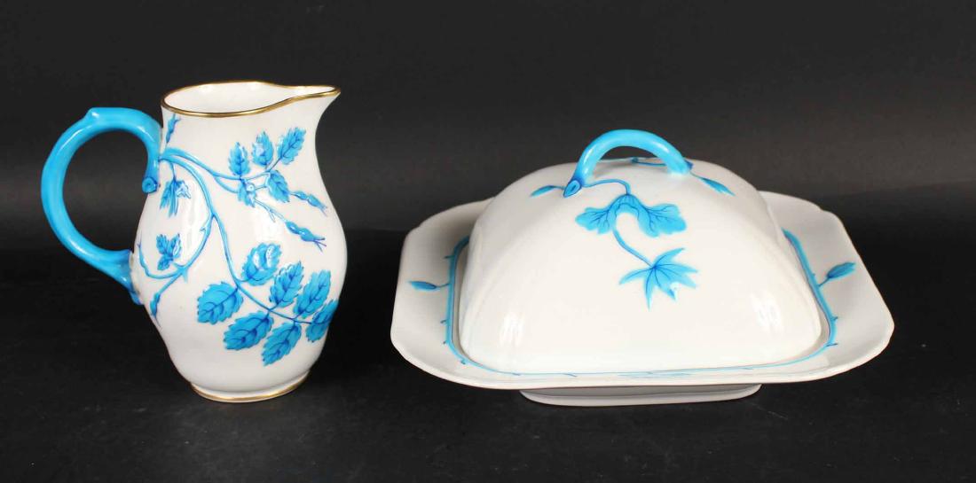 MINTON MILK JUG TOGETHER WITH A MUFFIN PLATE: White glazed with turquoise rose leaves and buds, C1870. Jug, 5-1/2"h, Muffin plate, 8-1/2"squ.