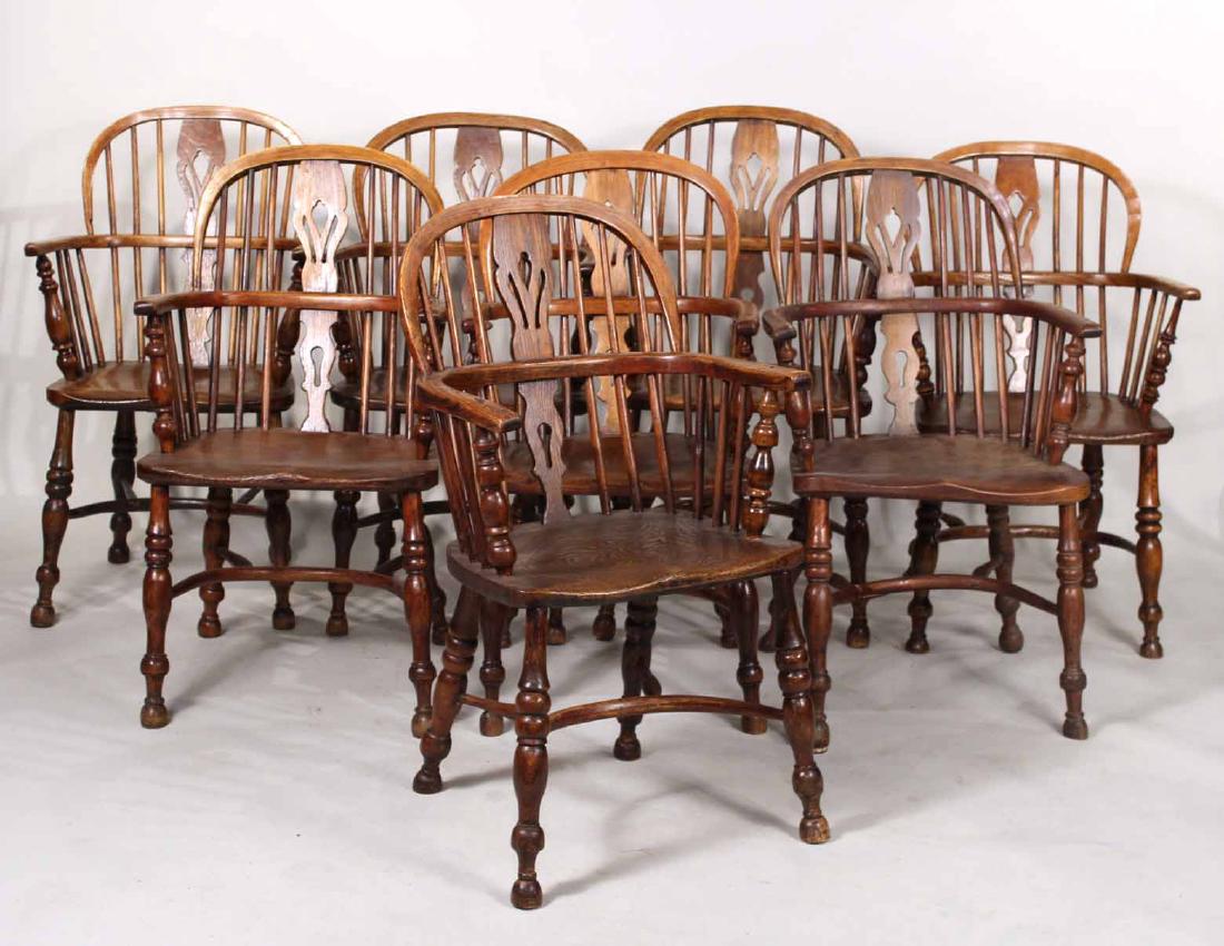 Eight Yew Wood Windsor Armchairs: English, 19th C. 37"h x 21"w