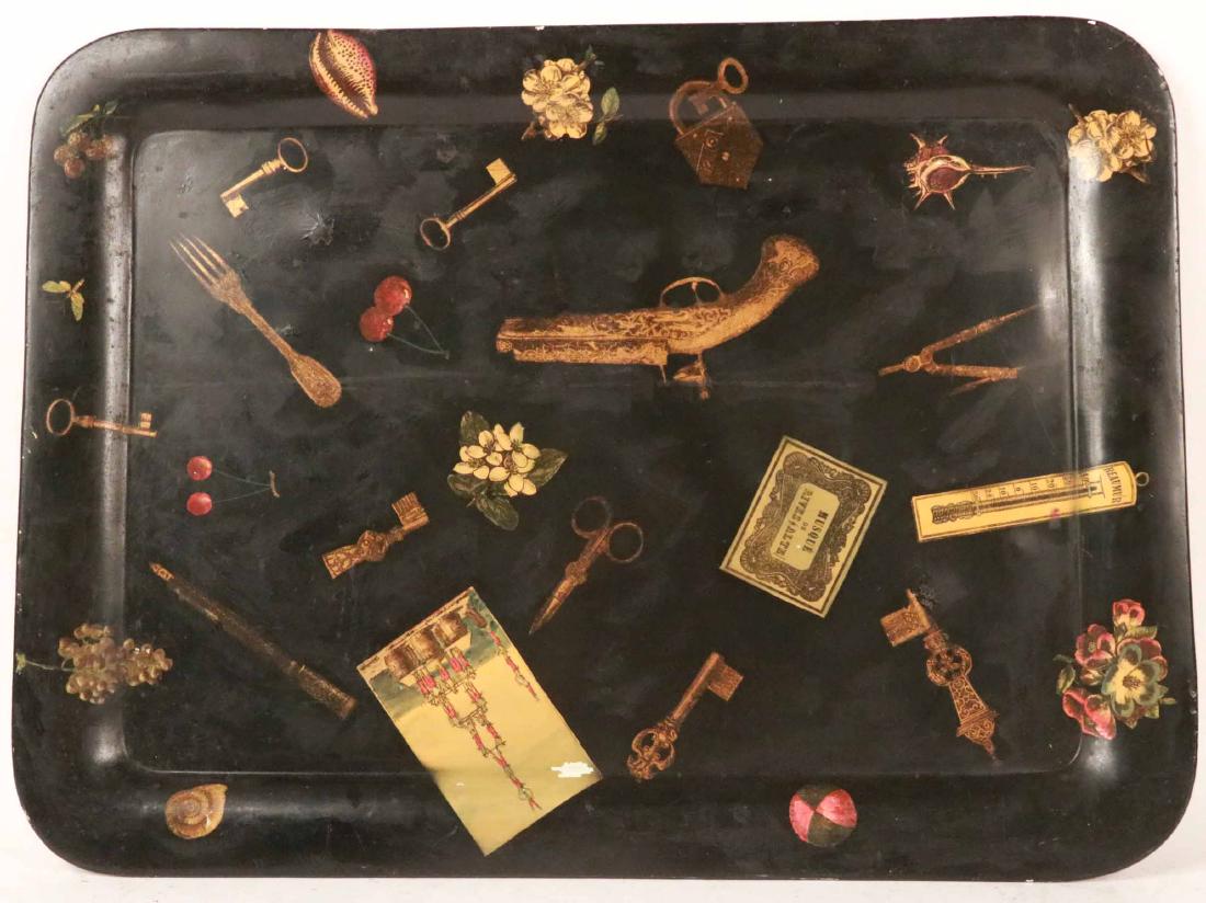 Transfer Printed Tole Tray: In the manner of Fornasetti. 30-1/2"w