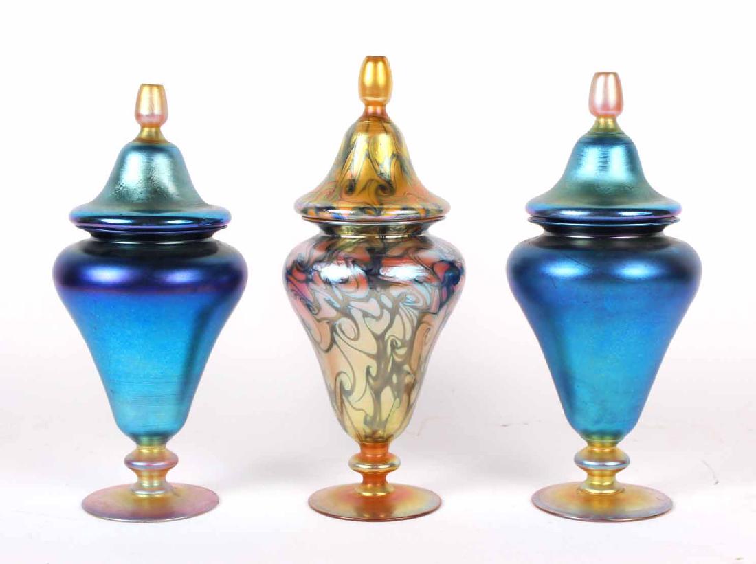 Three Quezal Art Glass Footed Covered Jars (1 of 9)