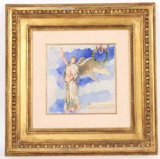 Watercolor, Figure with Wreath, John LaFarge: American, 1835-1910. Signed l.r. indistinctly. 7 3/4"h x 7 3/4"h