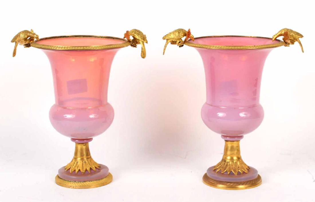 Pair of Ormolu Mounted Pink Opaline Glass Urns (1 of 8)