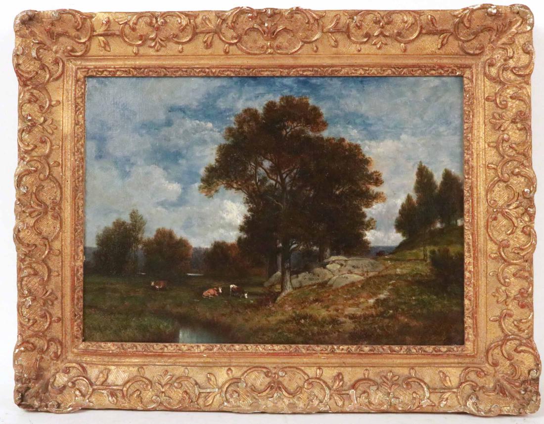 Oil on Canvas, Landscape with Cows, David Johnson: (American, 1827-1908), initialed l.r. and signed verso "A Scene in the Bronx, NY/David Johnson." Sight size: 11-1/2"h x 16-1/4"w
