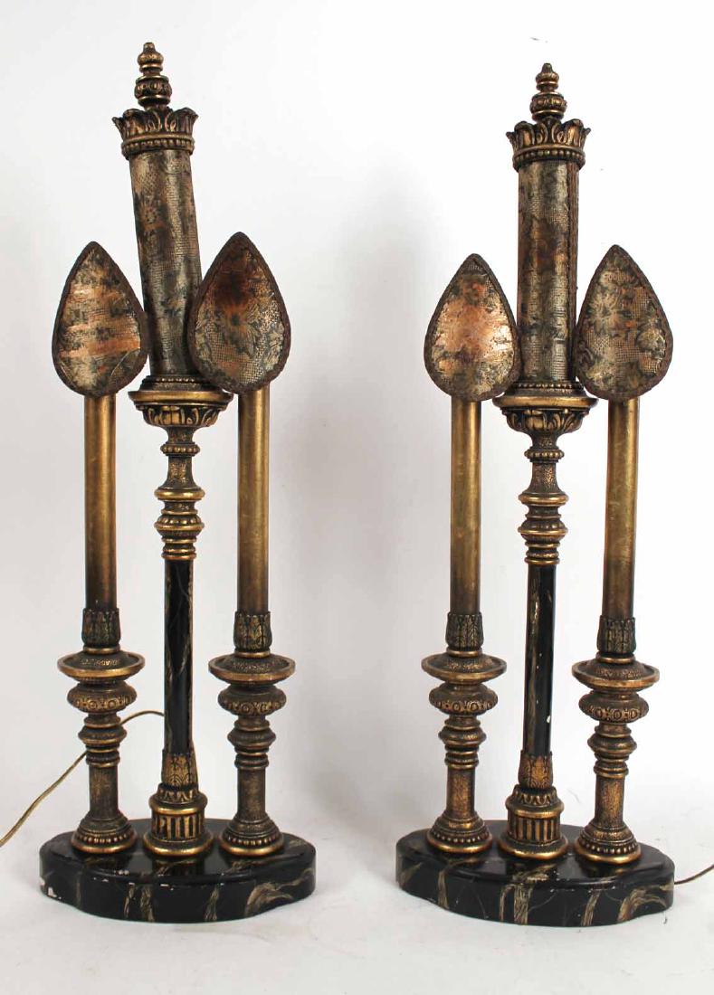 Pair of Two-Light Wood and Silk Table Lamps (1 of 8)