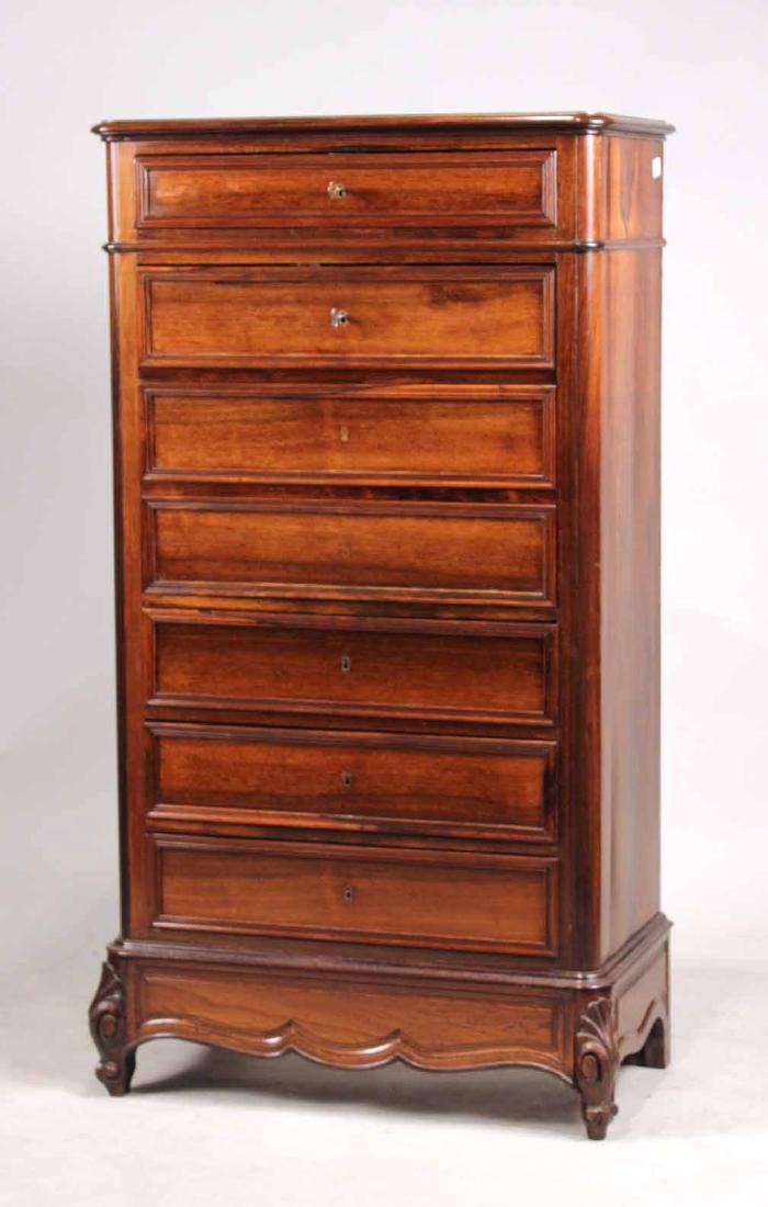 French Provincial Walnut Semainier: French, 19th C., fitted at a later date as a secretary desk. 4'10"h x 31-1/2"w x 17"d