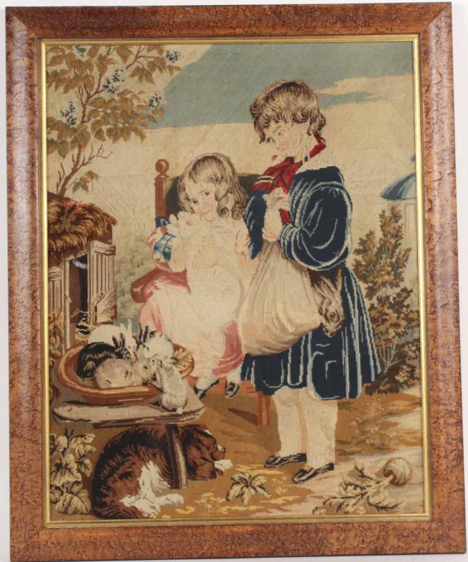 Needlework of Two Children with Rabbits and Dog: 20th C. Sight size: 23"h x 18"w