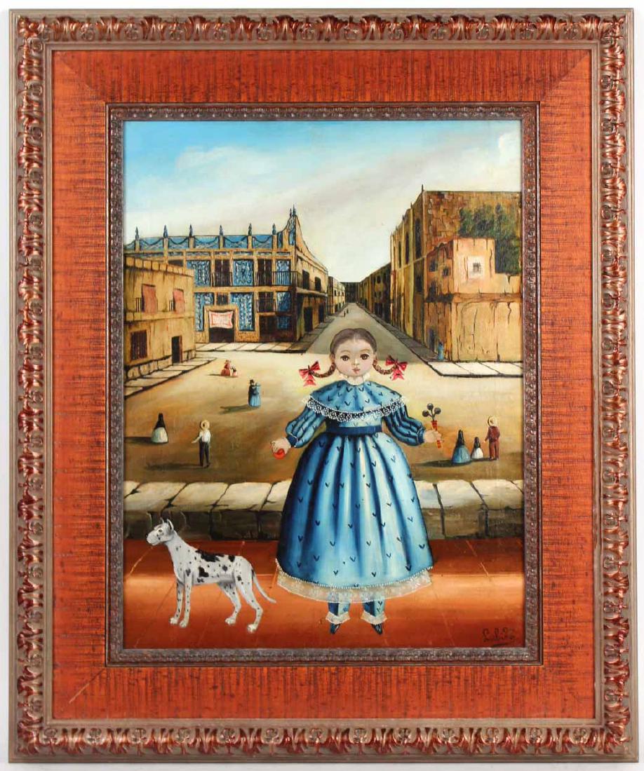 Oil on Canvas, Young Girl, Agapito Labios: (Mexican, 1898-1996), signed l.r. "A. Labios," depicting a young girl with a dog, with street scene in background. Sight size: 23"h x 17-1/2"w