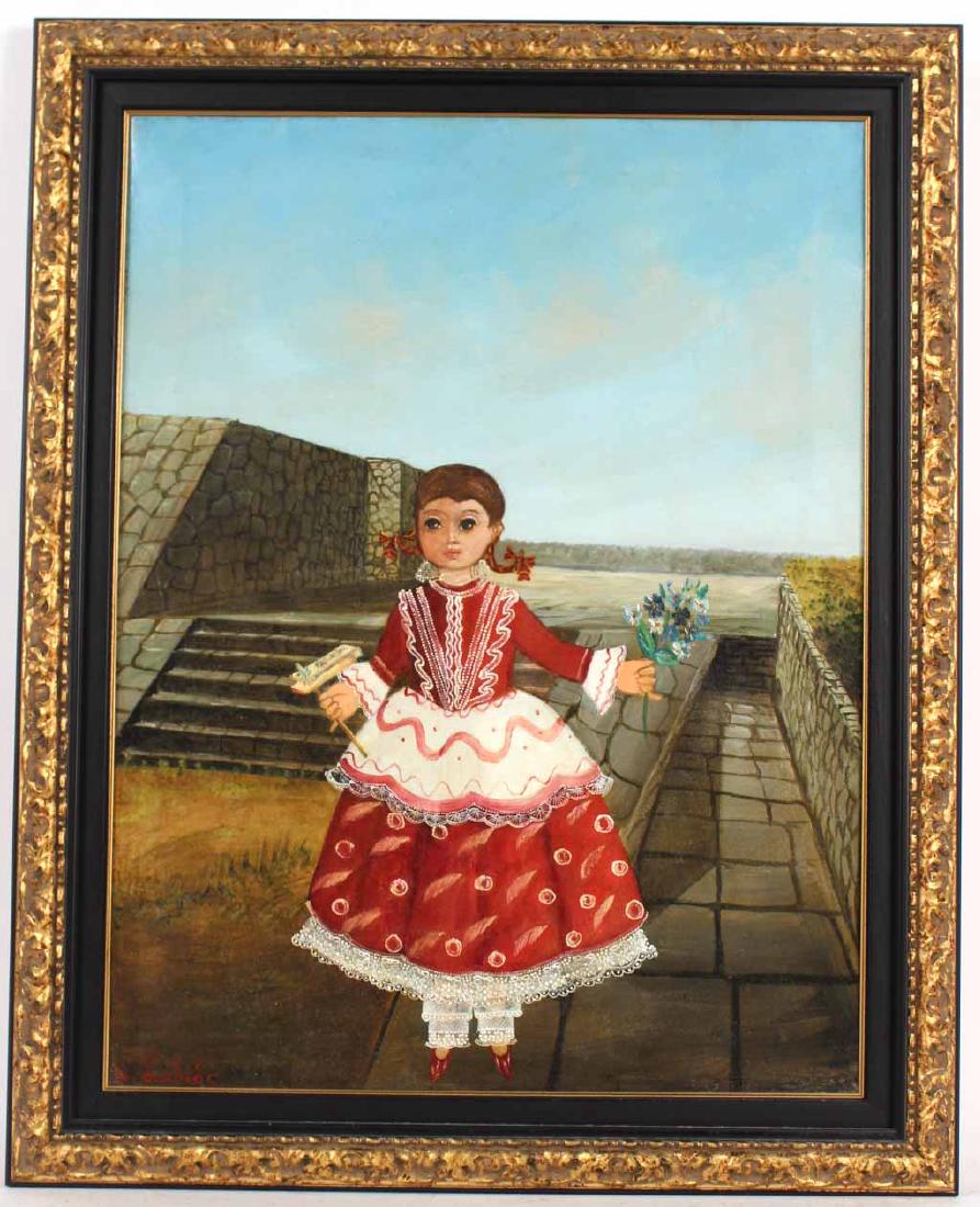 Oil on Canvas, Young Girl, Agapito Labios: (Mexican, 1898-1996), signed l.l. "A. Labios," depicting a young girl holding flowers, with stone wall in background. Sight size: 23-1/4"h x 17"w
