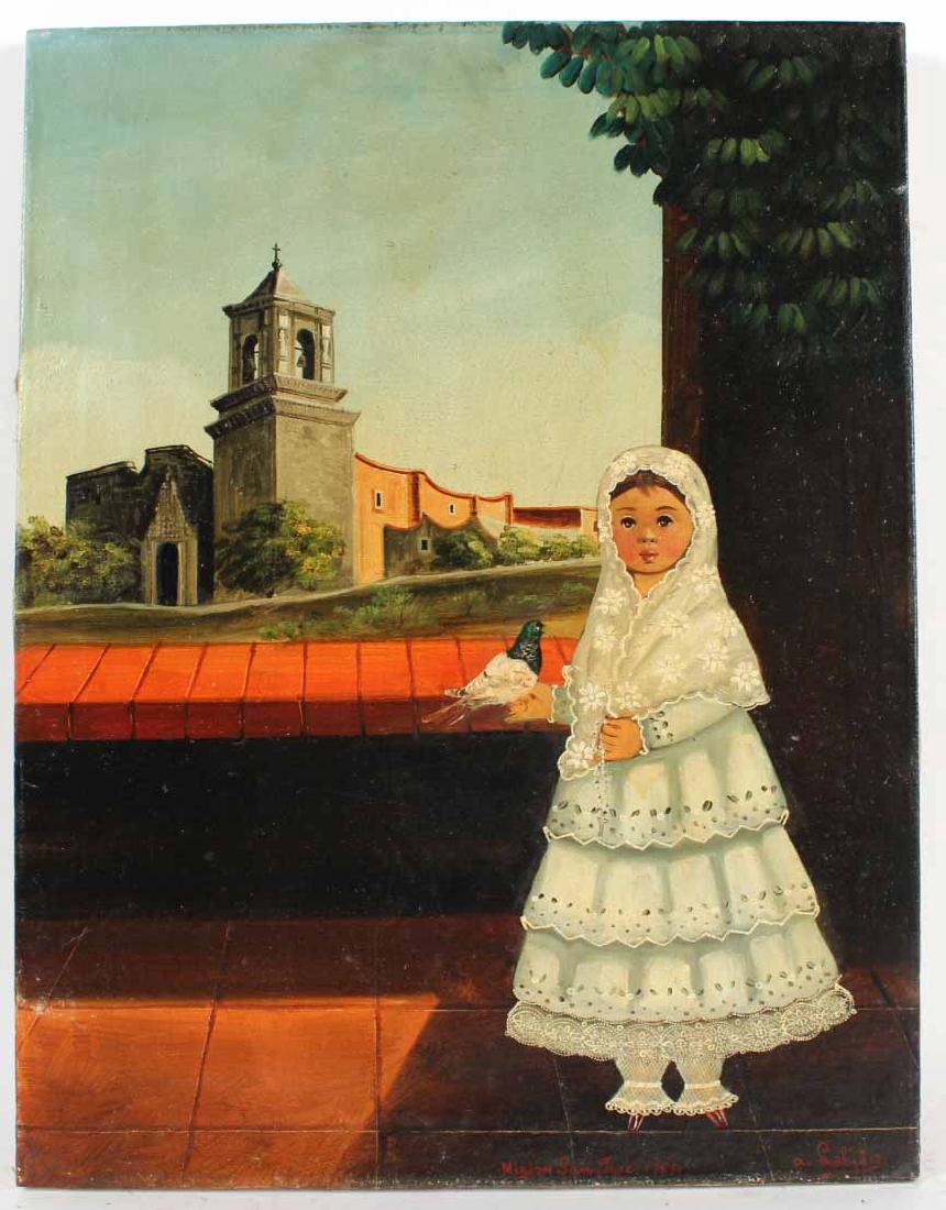 Oil on Canvas, Young Girl, Agapito Labios: (Mexican, 1898-1996), signed l.r. "A. Labios," titled along bottom "Mision San Jose 1720." 23-1/2"h x 18"w