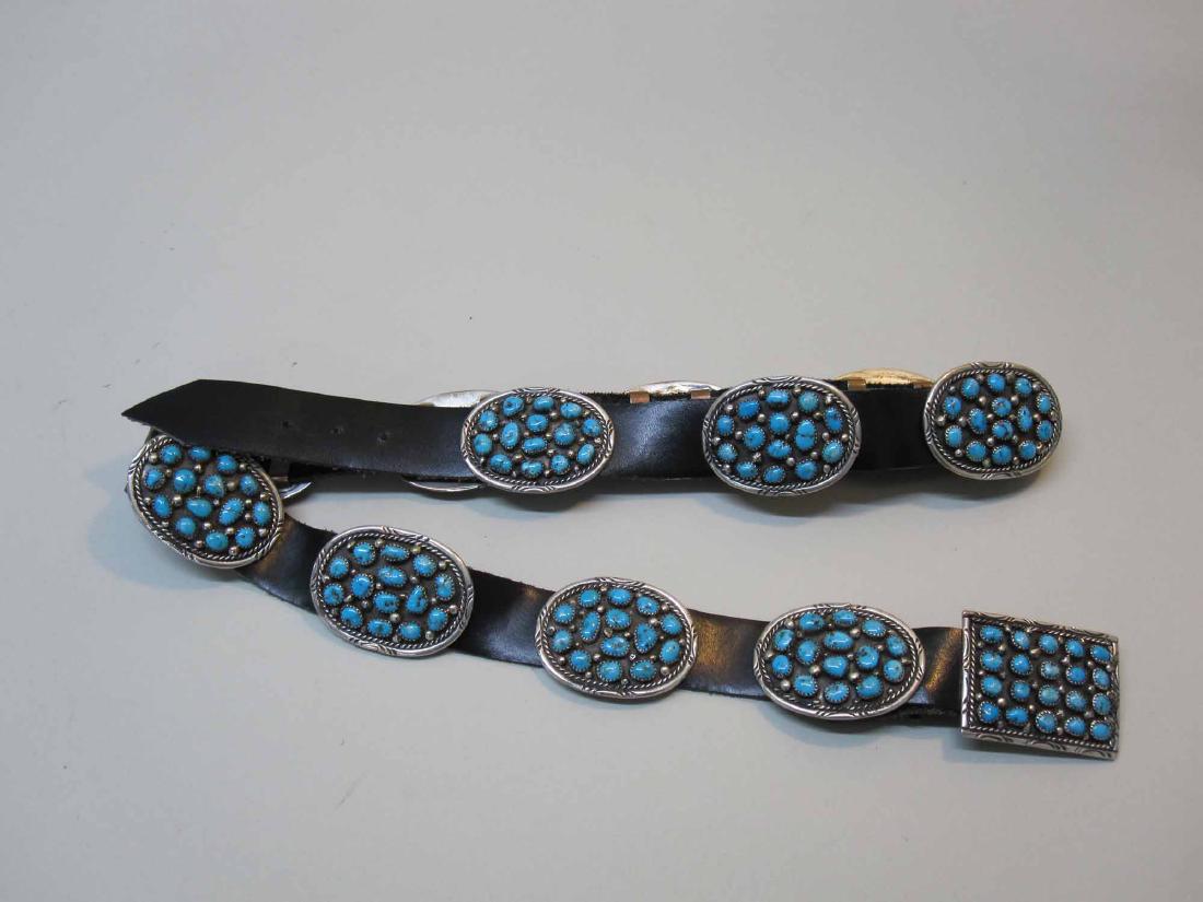 STERLING SILVER & TURQUOISE MOUNTED LEATHER BELT (1 of 4)