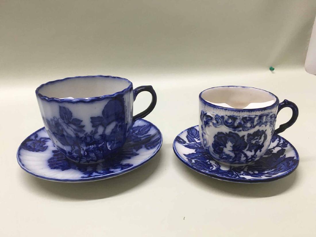 TWO IRONSTONE SHAVING MUGS AND UNDER PLATES: English. 4"h x 4"dia.