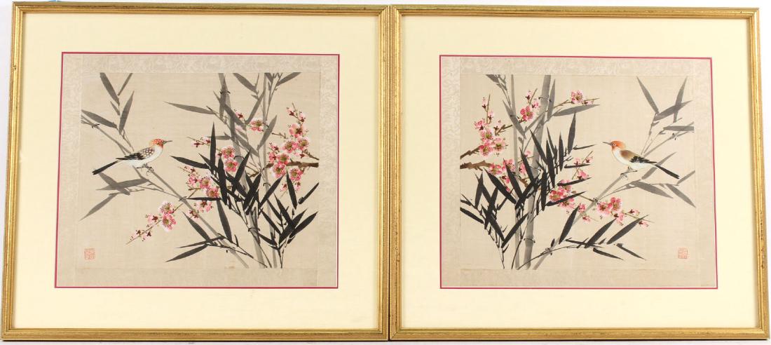 TWO ORIENTAL PAINTINGS ON SILK OF FLOWERS & BIRDS (1 of 10)