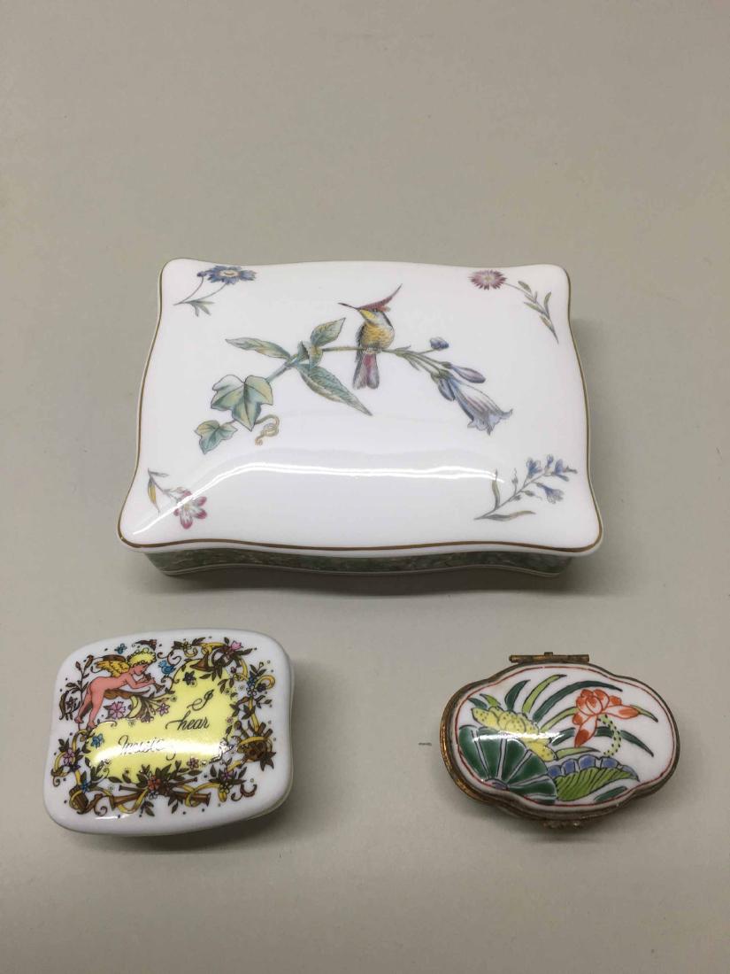 WEDGWOOD COVERED HUMMINGBIRDS CARD BOX: Together with a music box and a hinged paint decorated box. wedgwood box 6" x 4 1/2" x 1 1/2"