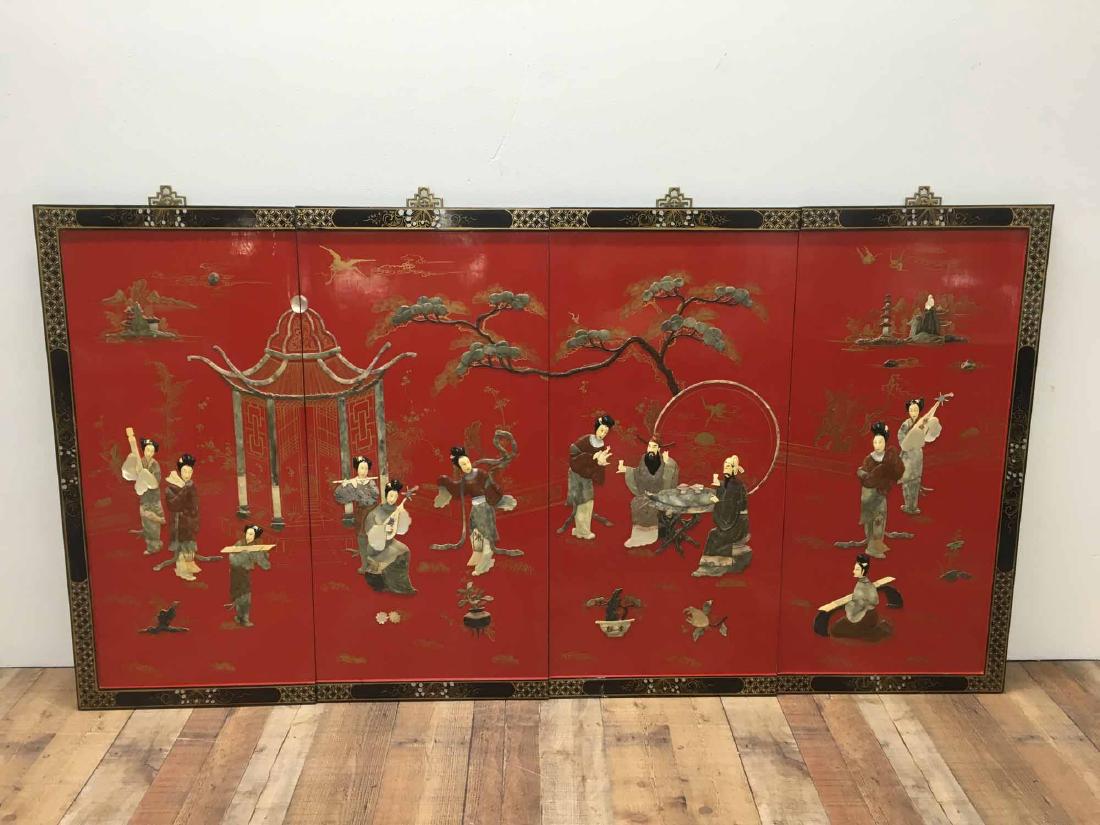 JAPANESE RED LACQUERED FOUR PANEL SCREEN (1 of 6)