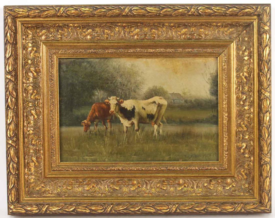 Oil on Canvas mounted on Board, Cows: Signed spuriously l.r. "Rosa Bonheur." Sight size: 7-3/4"h x 11-3/4"w