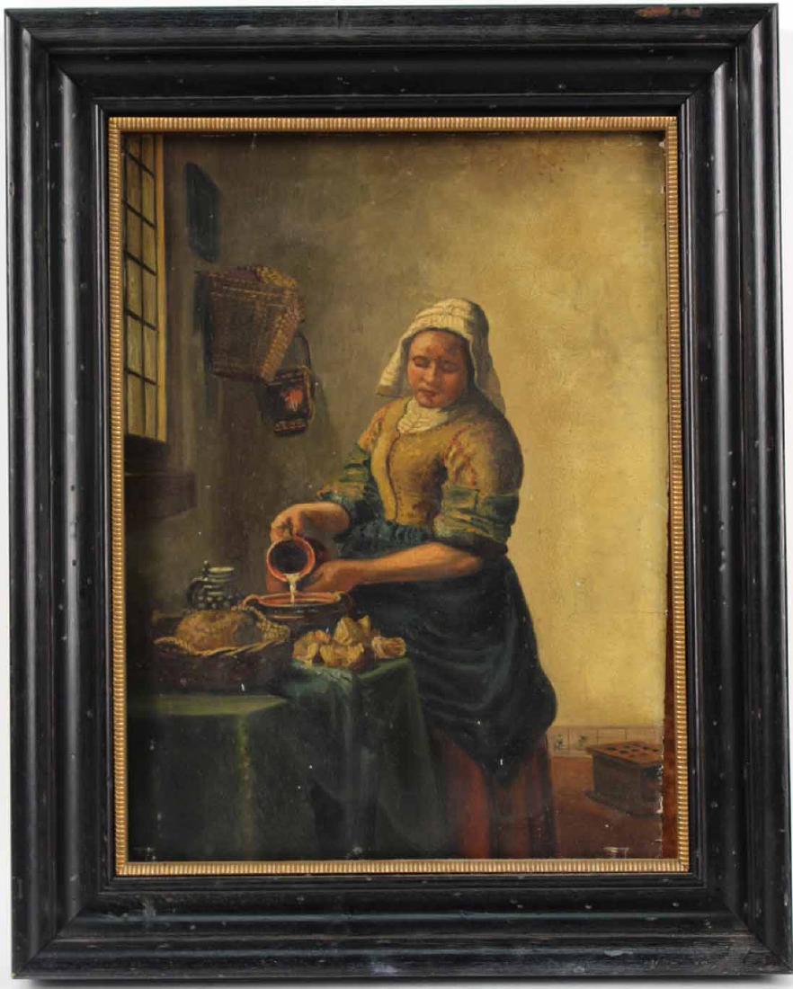 Oil on Board "The Milkmaid" After Vermeer: Dutch school. Signed l.r illegible. 16"h x 12"w