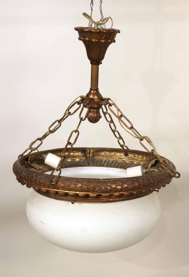 Neoclassical Style Gilt-Metal Hanging Light: 20th C., with white-glass shade. Apx. 26"h x 21"dia.
